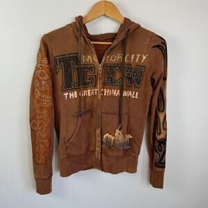 Vtg y2k Great China Wall Hoodie Sweatshirt Brown S Swarovski Bling LA Motor City